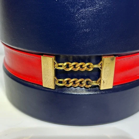 Vintage 70’s Georges Briard USA Navy / Red Leather Insulated Lidded Ice Bucket - Picture 3 of 14